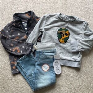 3T Boys Kids Bundle Fleece Jacket Skull Sweatshirt and NWT Jeans